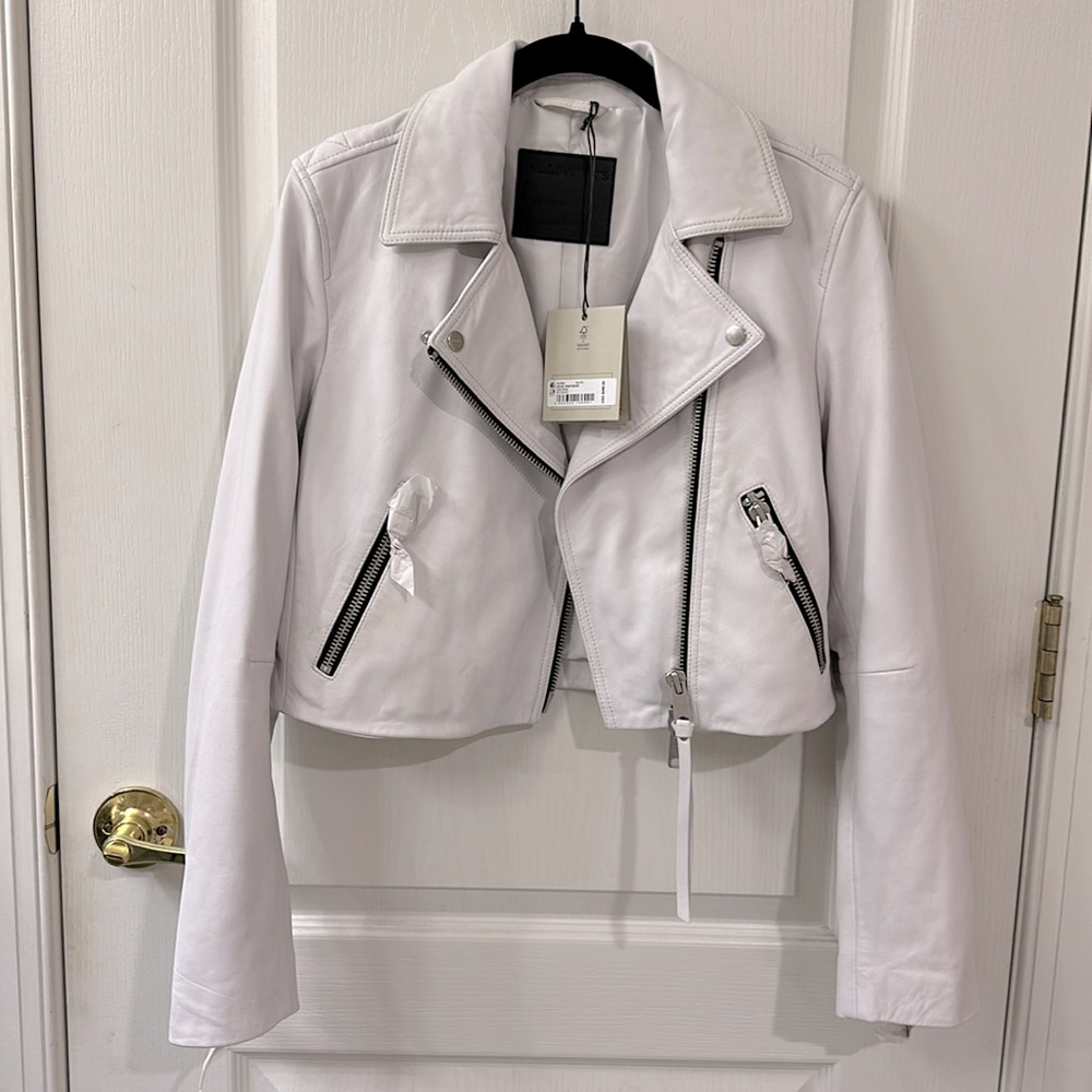 All Saints Dalby Cropped Leather Biker Jacket in Optic White size 6 US NEW